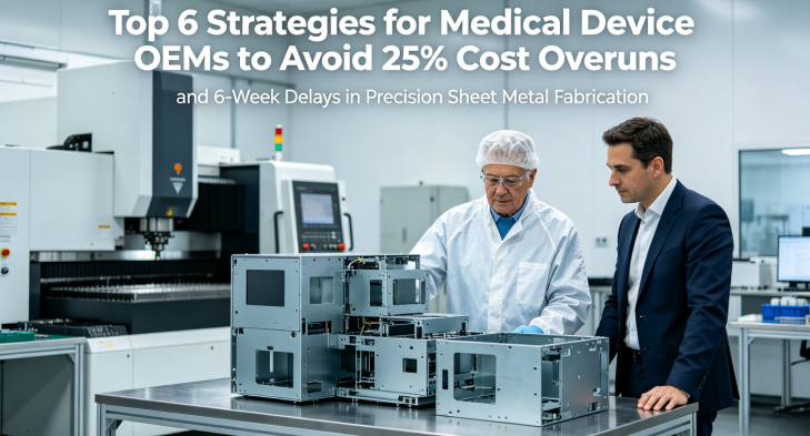 A hyper-realistic photo in a modern, clean medical device factory, showing an engineer and an OEM product manager collaboratively reviewing a complex assembled prototype of precision sheet metal parts, with the article title overlaid.