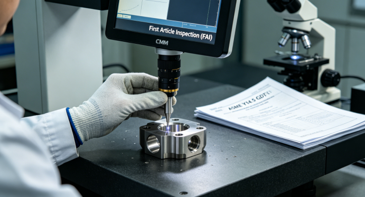 A close-up, realistic shot in a quality lab, showing an engineer’s gloved hand using a CMM probe to perform a First Article Inspection (FAI) on a medical-grade stainless steel component, with ASME Y14.5 GD&T standards visible.